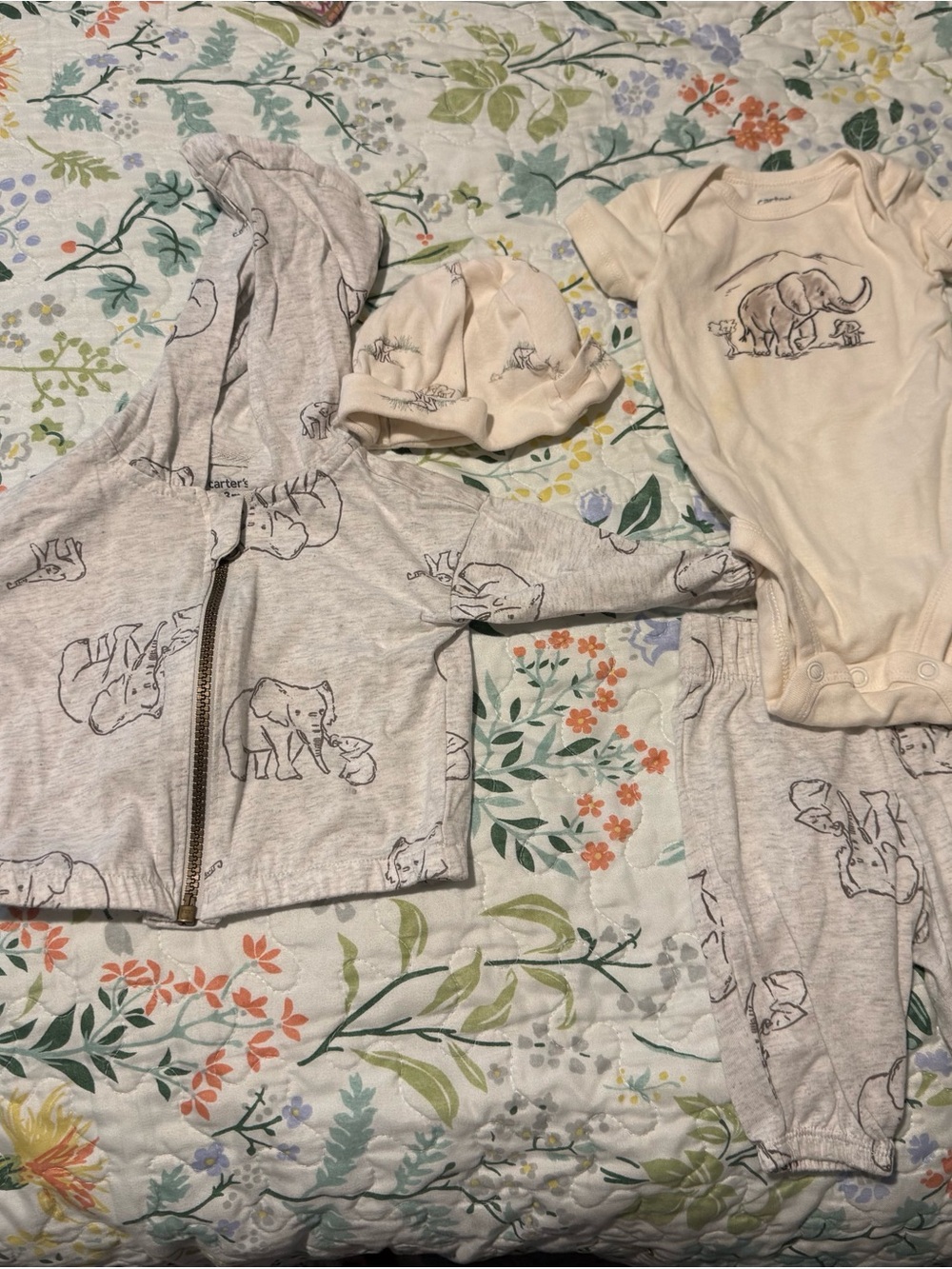 Carter's Cream & Light Gray Elephant 3-Piece Pajama Set with Hoodie